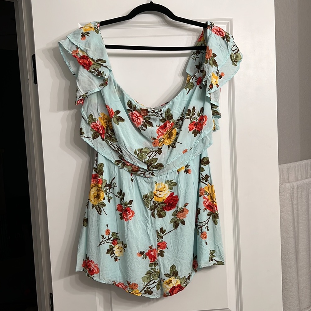 Floral Ruffle Off-Shoulder Dress in Light Blue